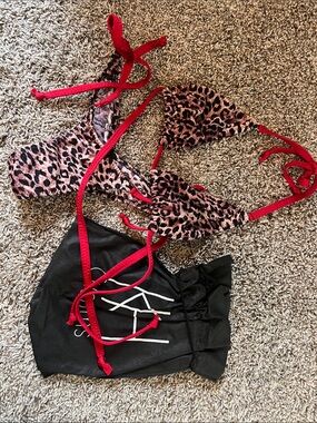 Leopard Print Triangle Bikini Top with Red Ties